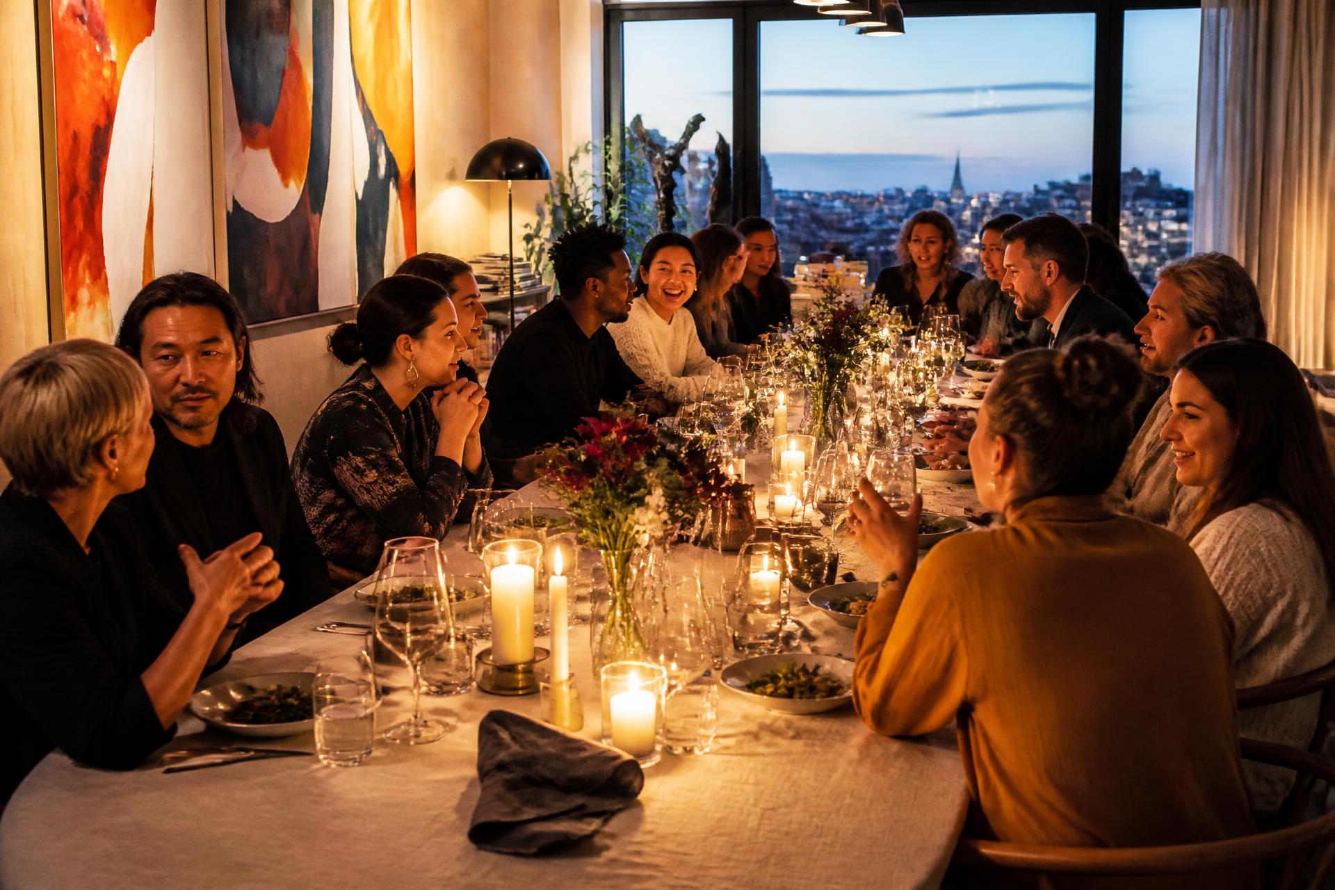 A diverse international group in conversation around a candlelit table in Stockholm